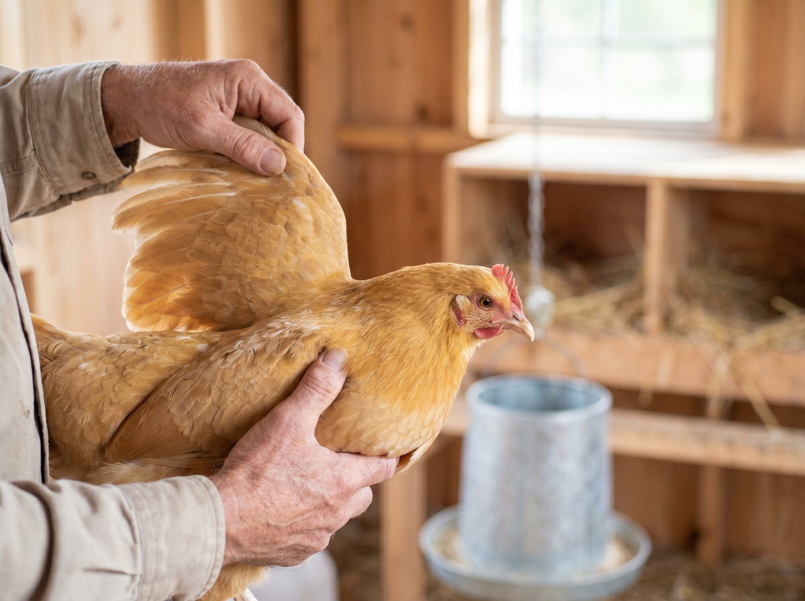 A keeper's hands gently examining a calm hen inside a bright coop