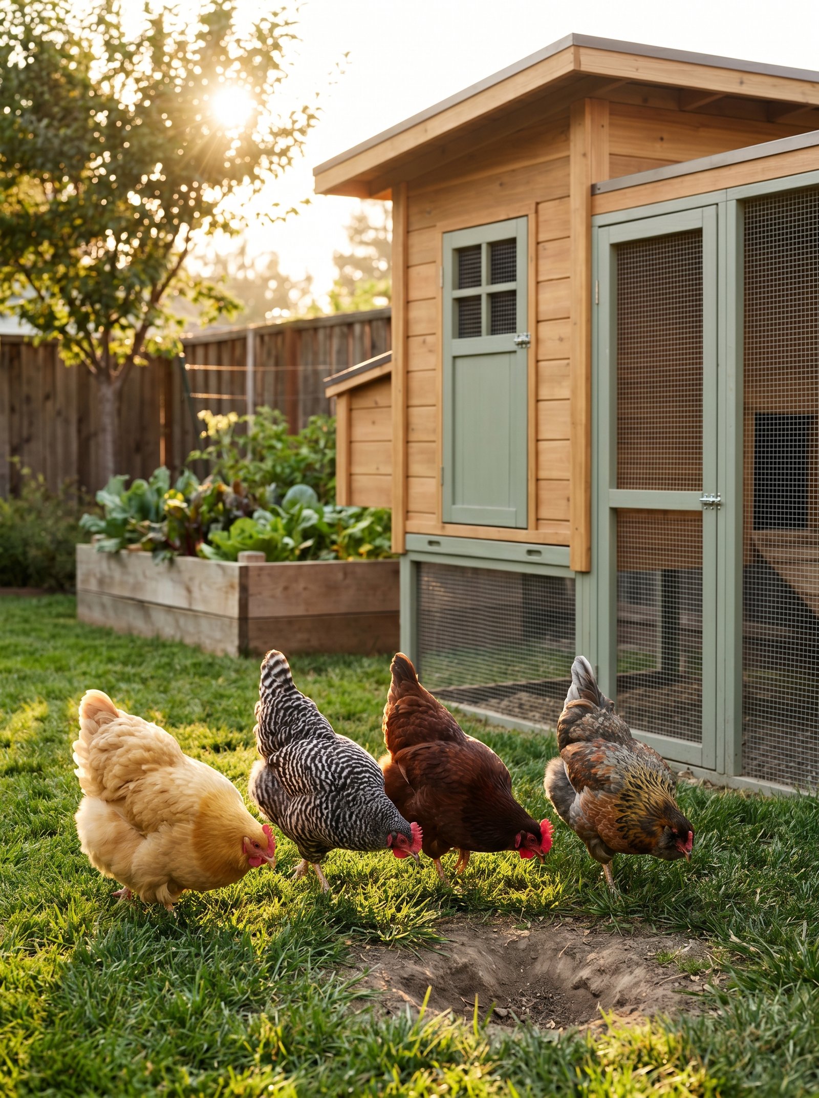 A mixed backyard flock foraging by a modern coop in golden-hour light