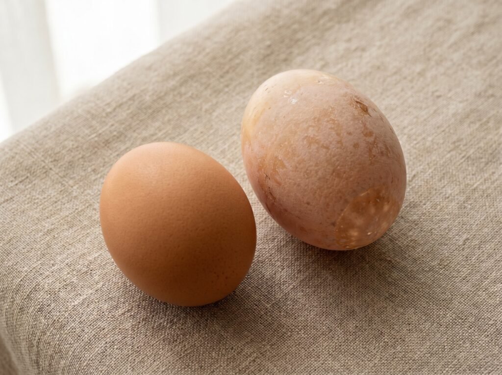 Normal thick-shelled egg next to a thinner, larger egg from an older laying hen