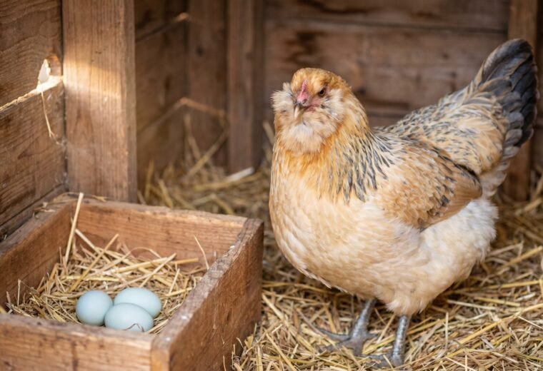 Wheaten Ameraucana hen with muffs and beard beside pastel blue eggs in a nesting box