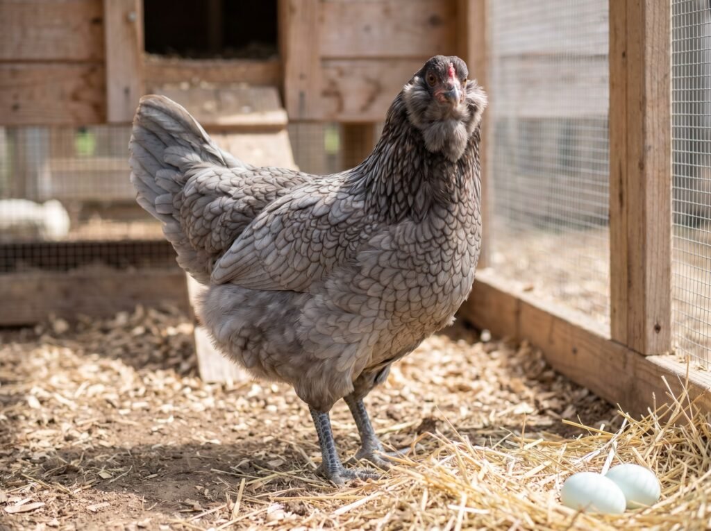 Blue Ameraucana hen with muffs and beard standing near pale blue eggs in coop run
