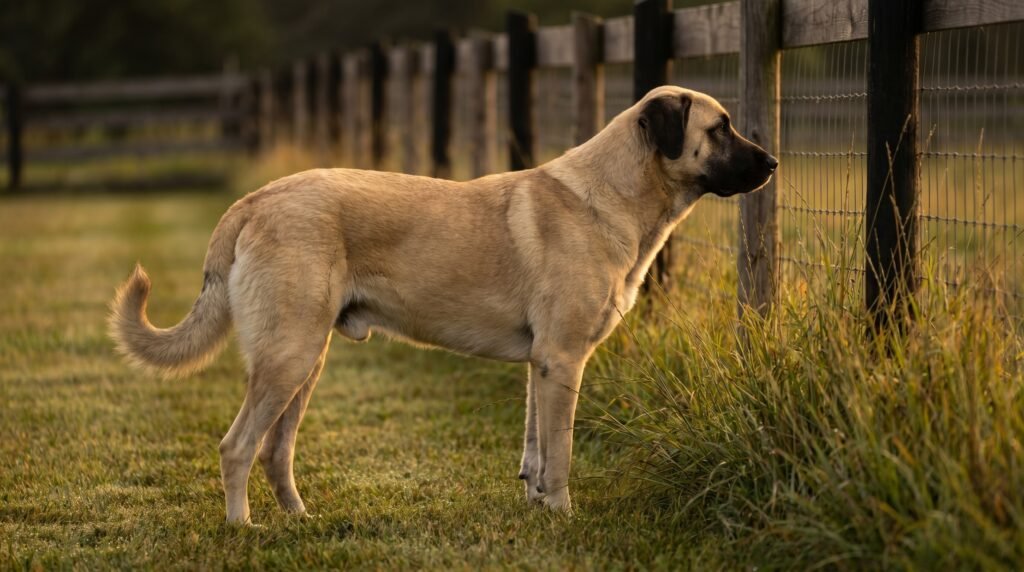 Anatolian Shepherd livestock guardian dog standing alert at a pasture fence line at dusk