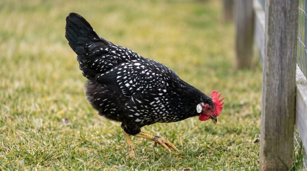 Ancona hen showing distinctive black-and-white mottled plumage while foraging in a grassy yard