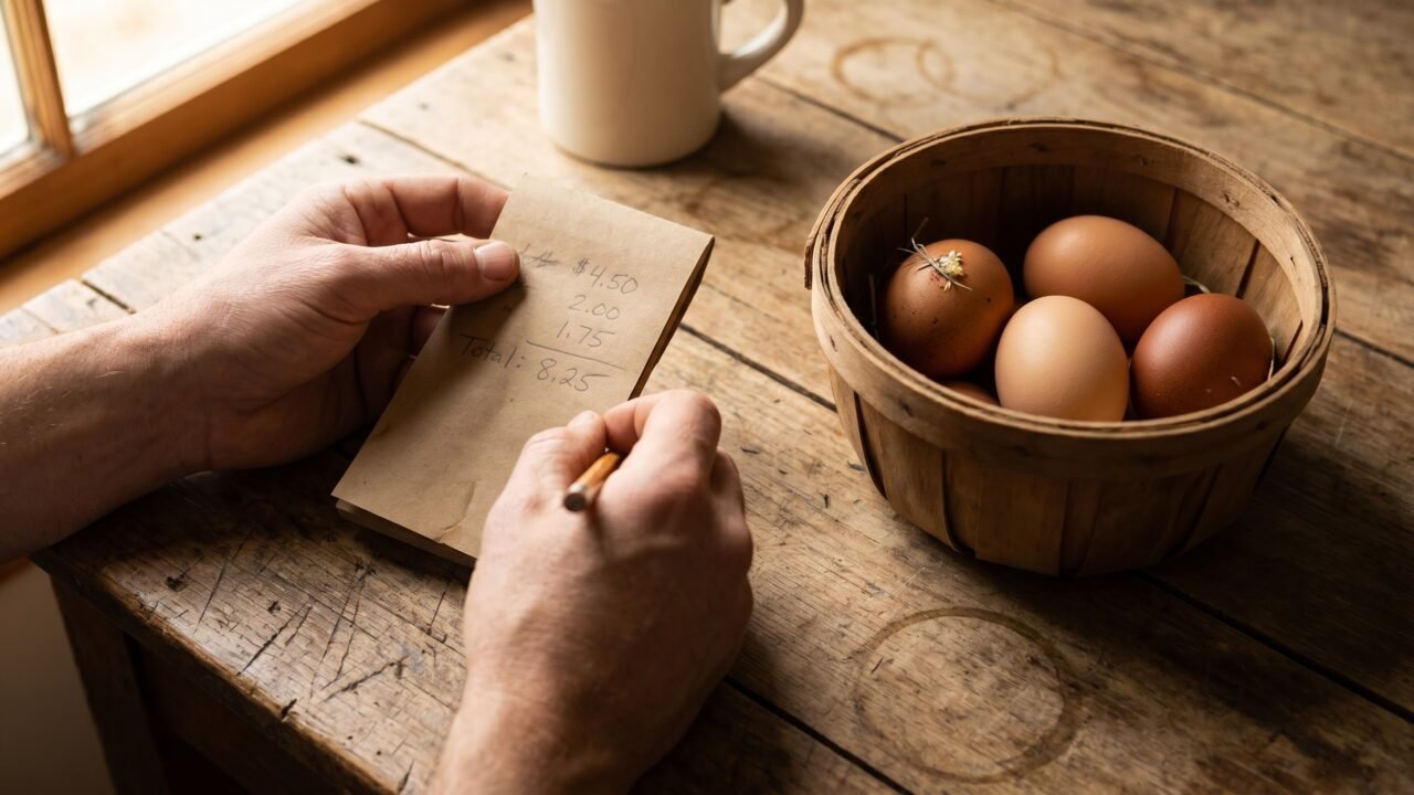 person calculating the cost of backyard chickens next to a basket of fresh eggs