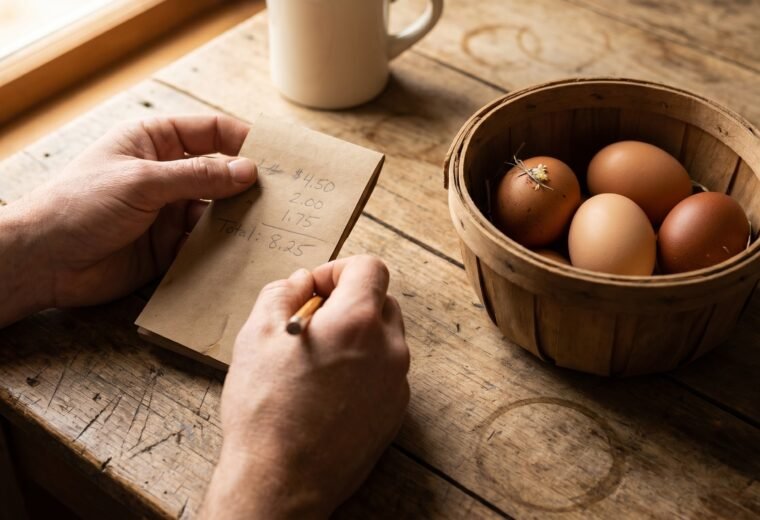 person calculating the cost of backyard chickens next to a basket of fresh eggs