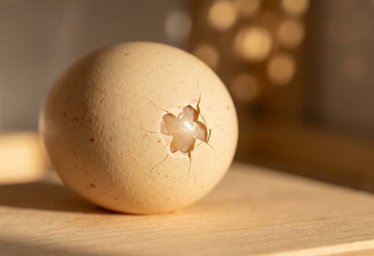 chicken egg showing a fresh external pip crack at the start of the hatching process