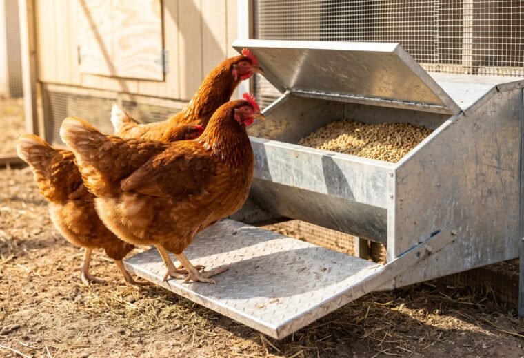 Two hens at a galvanized treadle automatic chicken feeder in a sunny run