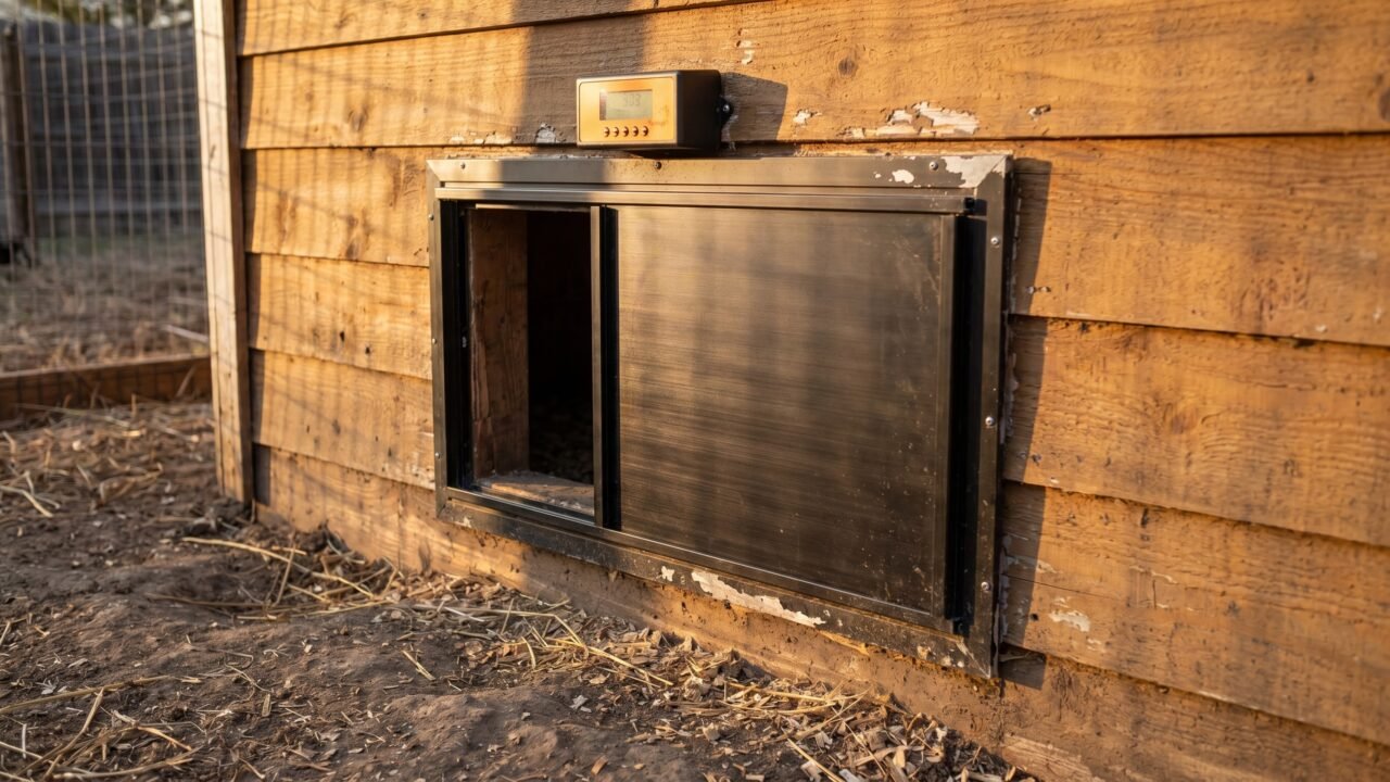 Automatic chicken coop door with LCD control unit mounted on cedar coop exterior