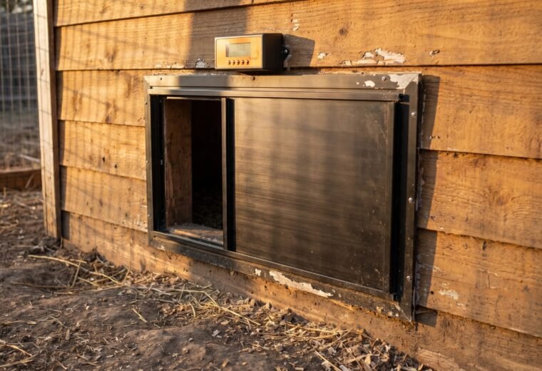 Automatic chicken coop door with LCD control unit mounted on cedar coop exterior