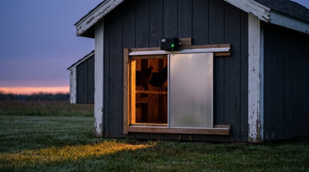 automatic chicken coop pop door sliding closed at dusk with flock safely roosted inside