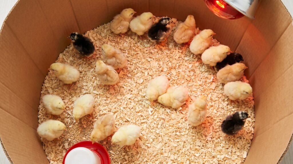 Baby chicks spread evenly in brooder ring showing correct temperature distribution