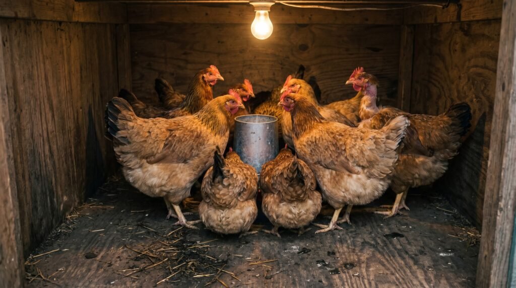Overcrowded chicken coop showing hens competing at feeder with limited floor space