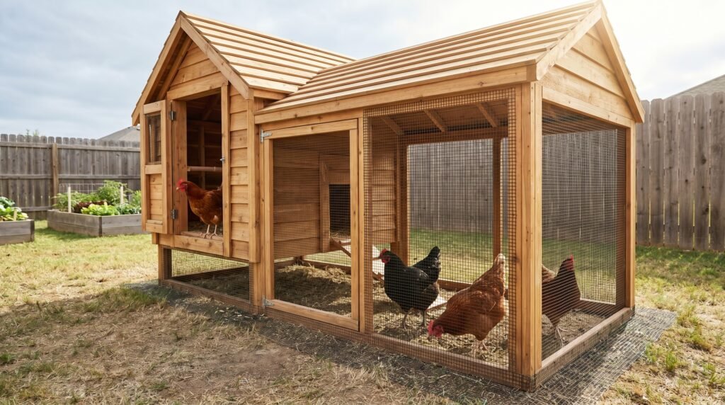 small predator-proof backyard chicken coop and run with four hens on a suburban lot