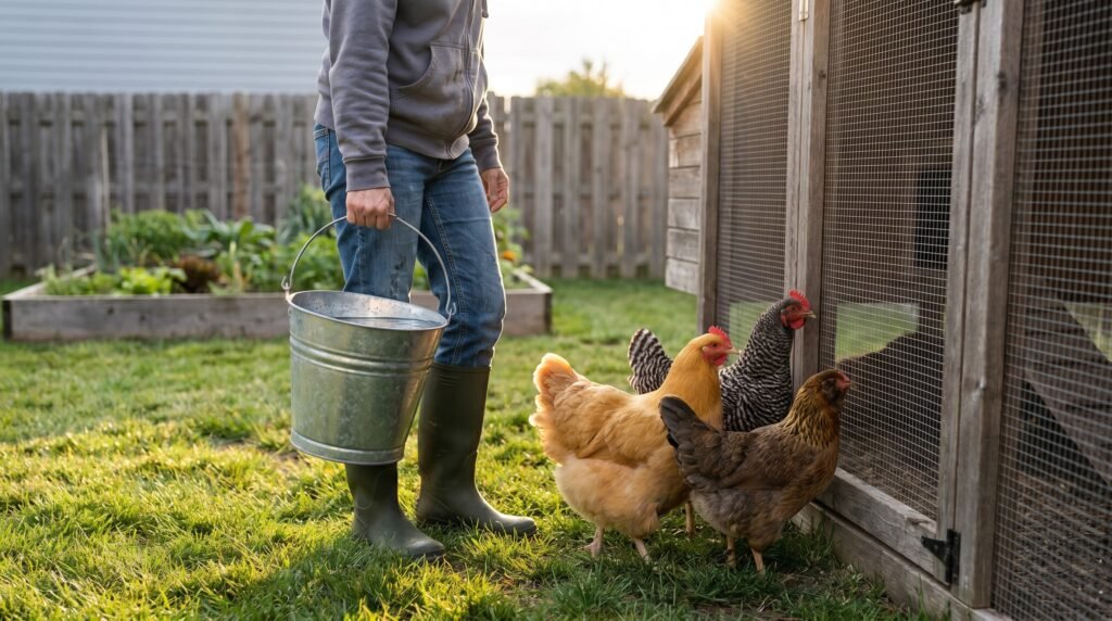 person carrying water to backyard chickens during a morning care routine in a suburban yard