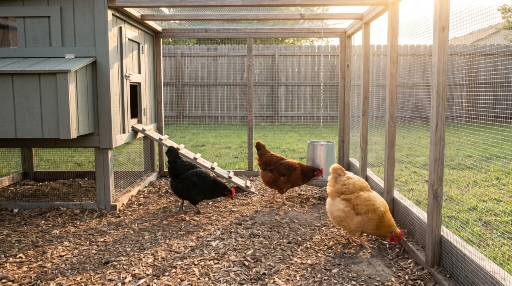 Three laying hens in a suburban backyard wire run attached to a wooden chicken coop