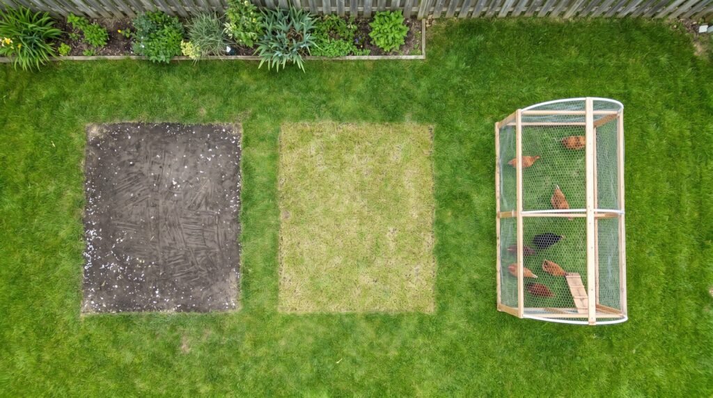 overhead view of three pasture rotation zones showing bare, regrowing, and active chicken run patches