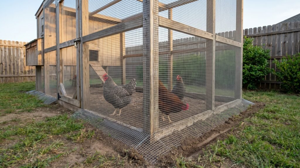predator-proof chicken run built with hardware cloth and buried wire apron around a backyard coop