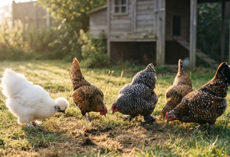 mixed bantam chicken breeds foraging in a small backyard yard near a wooden coop