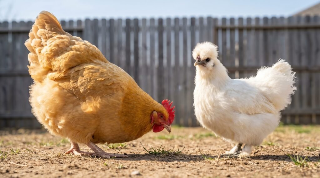 large Buff Orpington standard hen standing next to a small white Silkie bantam showing size contrast