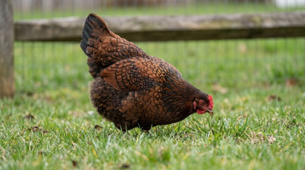 Barnevelder hen foraging on grass showing her distinctive double-laced brown and black feathers