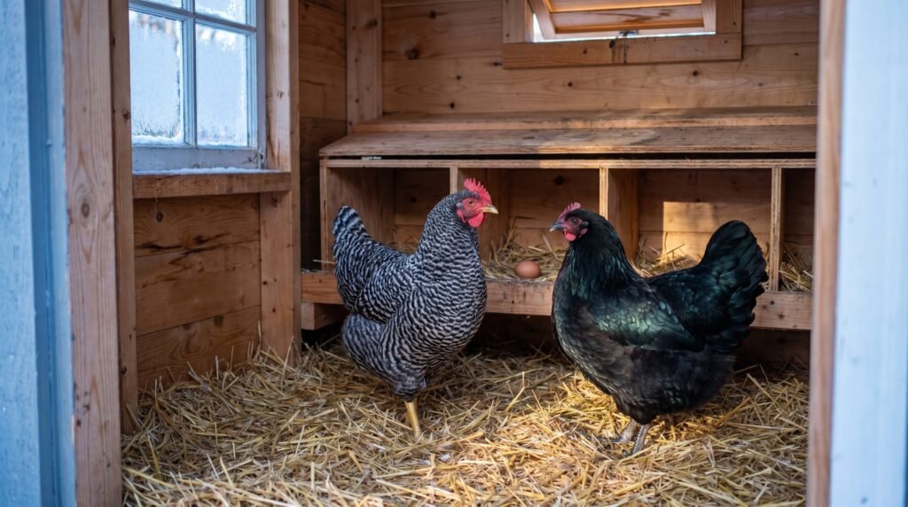 Barred Plymouth Rock and Black Australorp hens inside a coop in winter, with a brown egg in the nest box