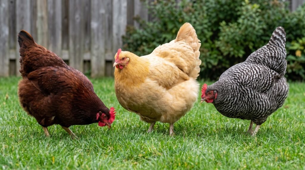 Rhode Island Red, Buff Orpington, and Barred Rock hens standing side by side on green lawn