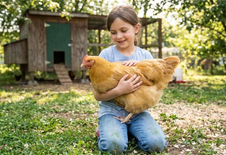 Young girl cradling a calm Buff Orpington hen in a sunny backyard chicken run