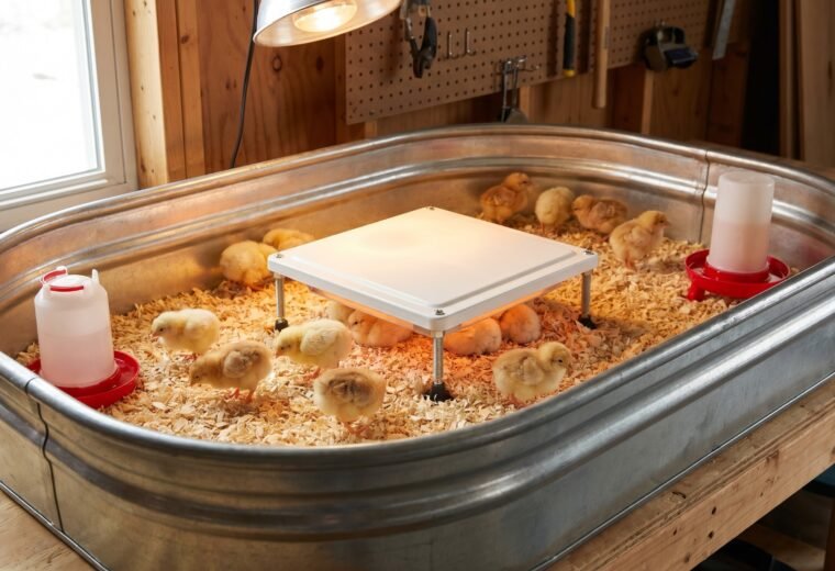 Galvanized stock tank brooder with twelve day-old chicks on pine shavings under a heat plate