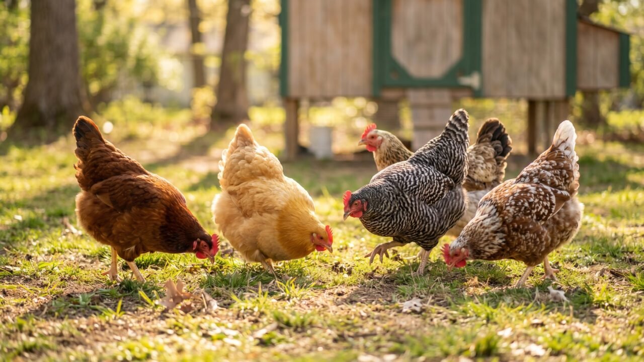 Mixed beginner-friendly chicken breeds foraging together in a backyard - Rhode Island Red, Buff Orpington, Barred Rock