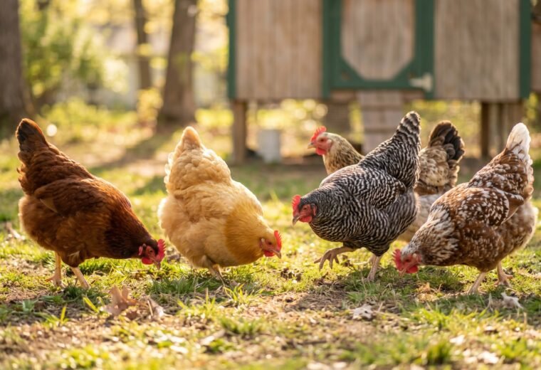 Mixed beginner-friendly chicken breeds foraging together in a backyard - Rhode Island Red, Buff Orpington, Barred Rock