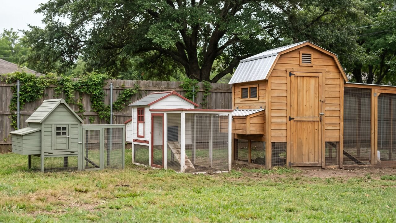 three chicken coops of different sizes side by side showing small medium and large options for best chicken coops