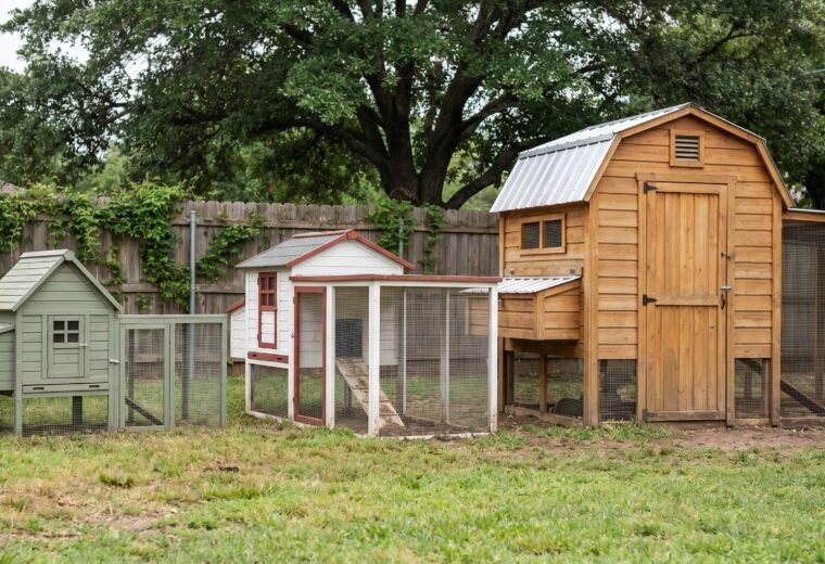 three chicken coops of different sizes side by side showing small medium and large options for best chicken coops