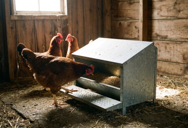 Galvanized treadle chicken feeder with lid opening as Rhode Island Red hen steps on the platform