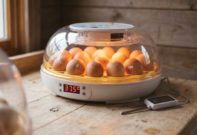 Tabletop forced-air chicken incubator with brown eggs and digital temperature display