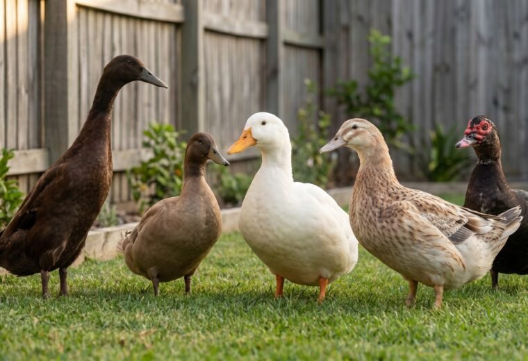Five best backyard duck breeds on lawn including Pekin, Khaki Campbell, Runner, Welsh Harlequin, and Muscovy