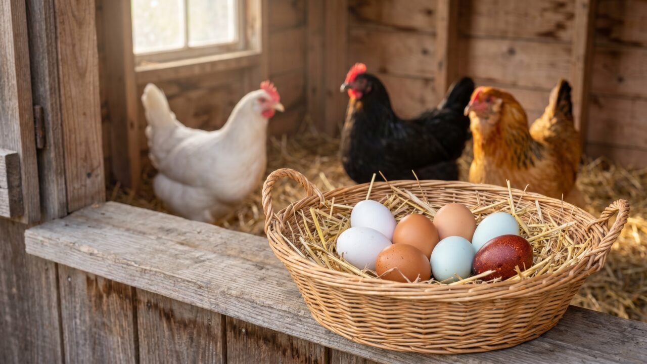 wicker basket of varied white, brown, blue, and speckled eggs with Leghorn, Australorp, and Easter Egger hens in the background