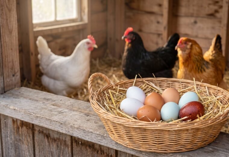 wicker basket of varied white, brown, blue, and speckled eggs with Leghorn, Australorp, and Easter Egger hens in the background