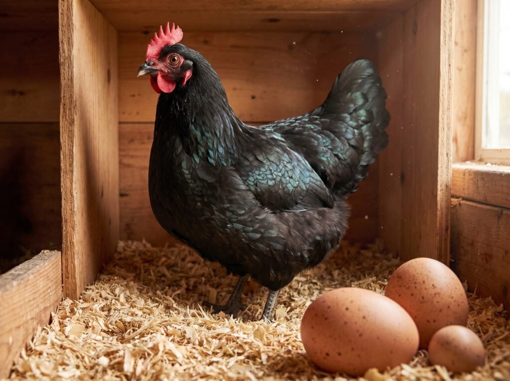 Black Australorp hen in nest box with brown eggs, a reliable early-laying beginner breed