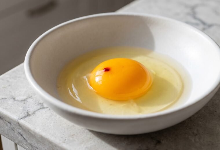 Close-up of cracked egg in white bowl showing a small blood spot on the yolk