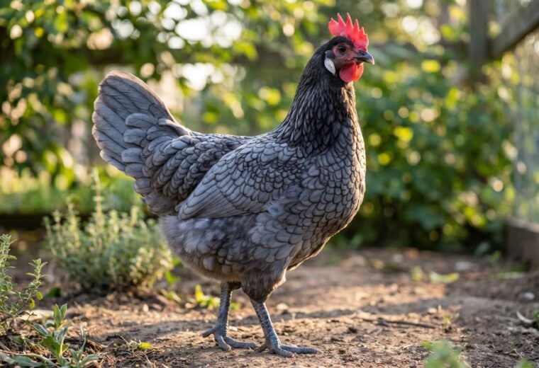 Blue Andalusian hen showing slate-blue laced plumage and single comb in sunny garden