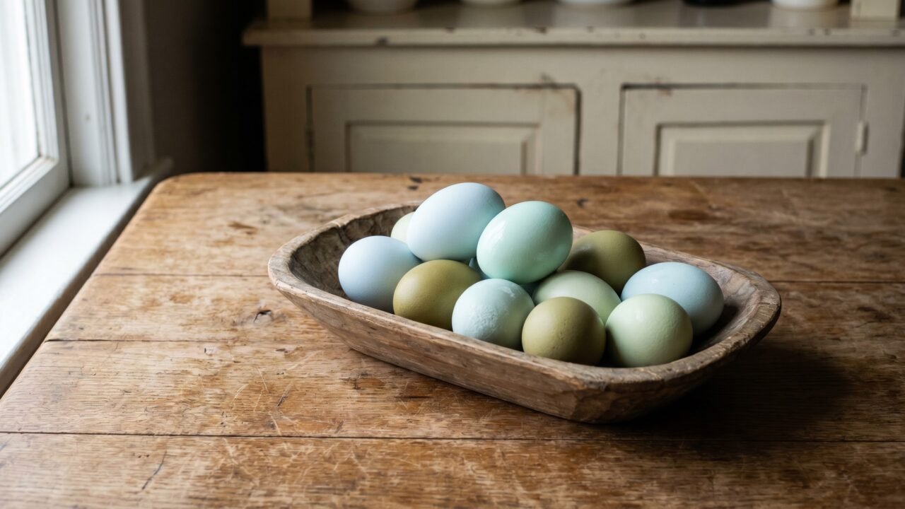 Basket of blue, aqua, olive, and green eggs from different blue-egg-laying chicken breeds