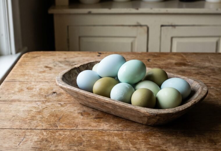Basket of blue, aqua, olive, and green eggs from different blue-egg-laying chicken breeds