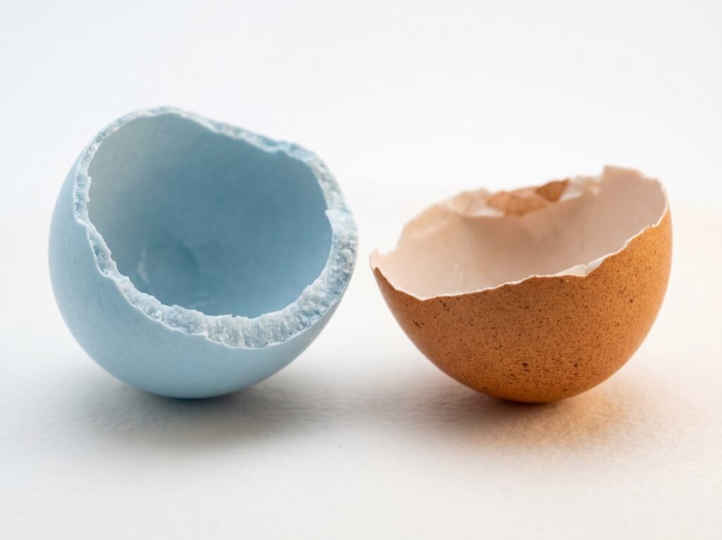 Cross-section of blue Ameraucana eggshell showing blue pigment throughout compared to brown egg interior