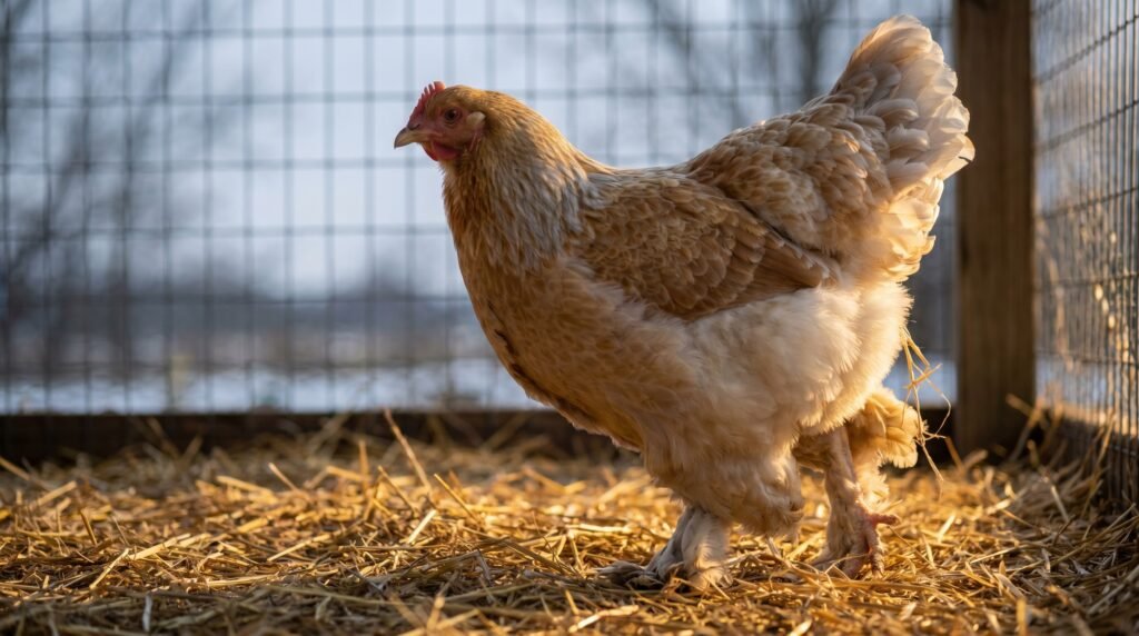 Light Brahma hen with feathered feet standing on winter straw in a sheltered chicken run