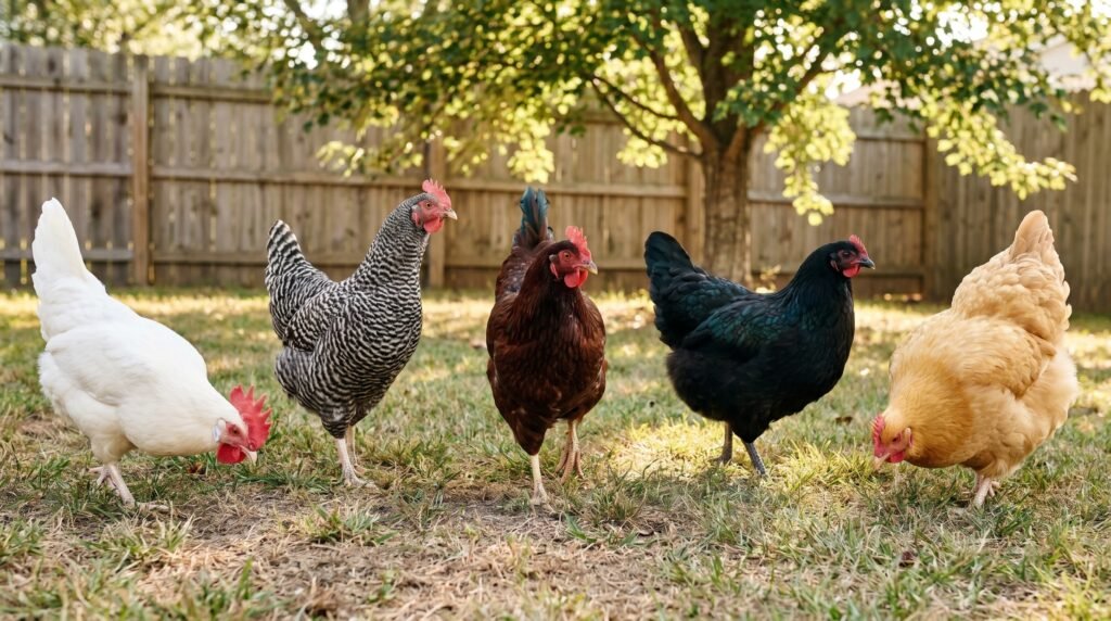 Five laying hen breeds side by side in a backyard run showing distinct plumage differences