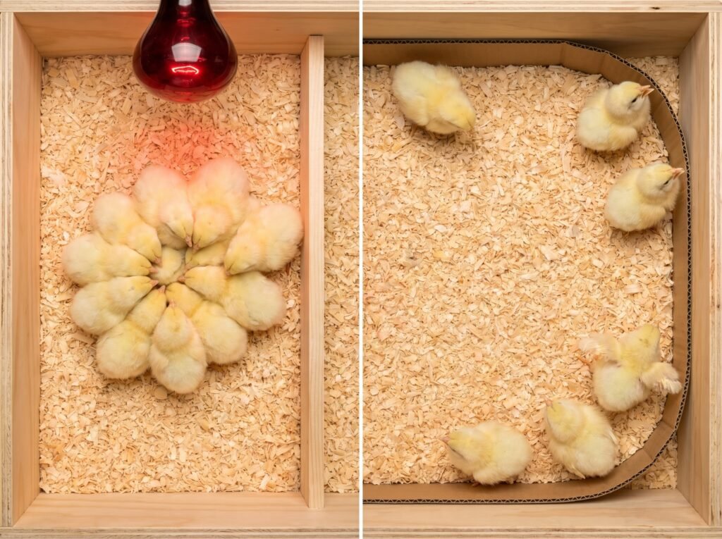 brooder chicks huddling when too cold versus spreading to walls when too warm