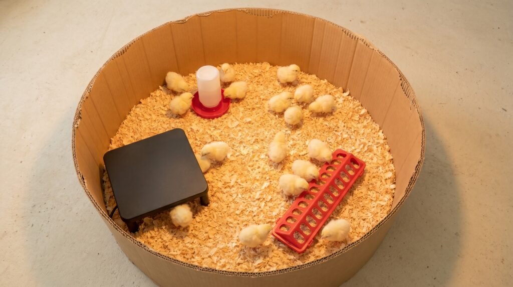 chicks evenly spread in brooder ring showing correct temperature distribution and comfort