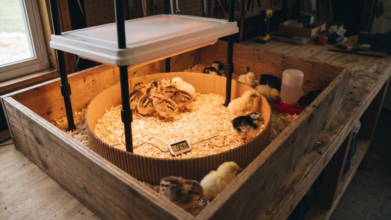 day-old chicks under a heat plate in a pine shaving brooder, thermometer reading 94°F