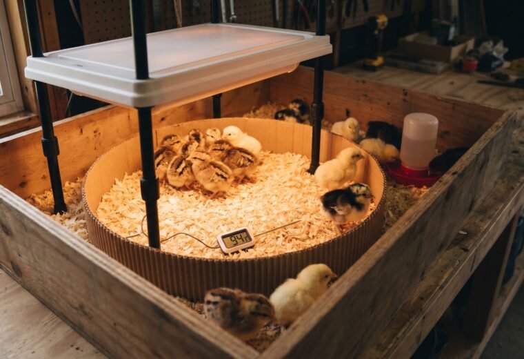 day-old chicks under a heat plate in a pine shaving brooder, thermometer reading 94°F