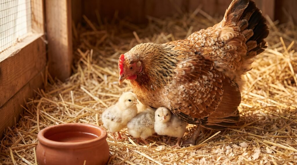 Speckled Sussex hen with newly hatched chicks at her feet and tucked under her wing